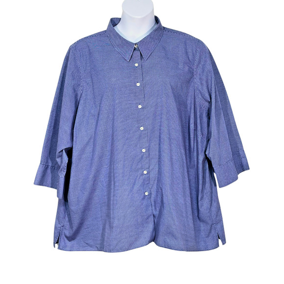 Lands' End Plus Sz 34W Button Down Blouse Short Sleeve Blue Dots Wrinkle Free - Picture 1 of 10